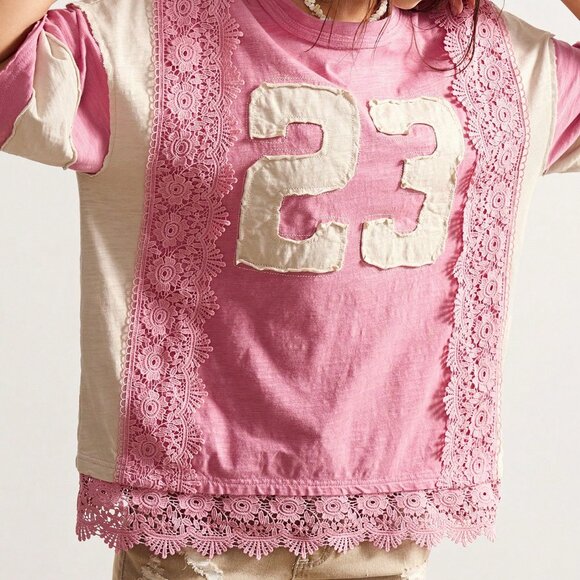 Pink Casual Women's Boho Lace Patchwork Round Neck Loose Washed tee shirt - Picture 3 of 7